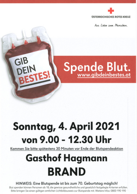 Blutspendeaktion 04.April 2021, Gasthof Hagmann in Brand
